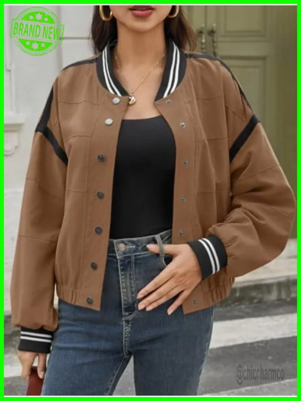 Cropped Bomber Jacket Utility Coat with Pockets